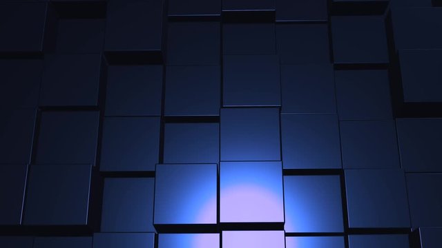Cool background of blue cubes net zomming out, so that abstract sun becomes visible on this squared grid.
