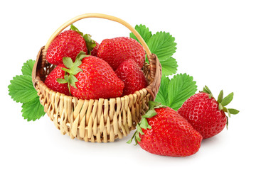 strawberries in a wicker basket with leaf isolated on white background