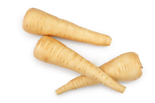 Parsnip root isolated on white background with clipping path. Top view. Flat lay.