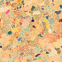 Fototapeta na wymiar Colorful seamless pattern. Print for the cover of a children's book. Hand-drawn doodle on paper. Complex doodle style ornament. Grunge texture. Vector illustration.