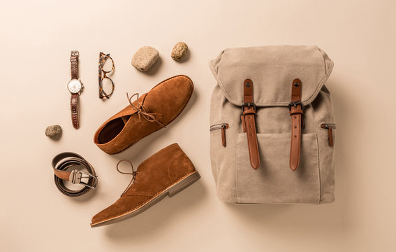 Men's accessories - camel shoes, khaki backpack and leather belt