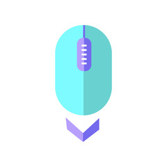 Scroll down mouse flat design cartoon RGB color icon. Internet page browsing and scrolling. Web cursor pointing down direction. PC mouse with buttons and wheel . Vector silhouette illustration