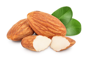 Almonds nuts with leaves isolated on white background with clipping path and full depth of field.
