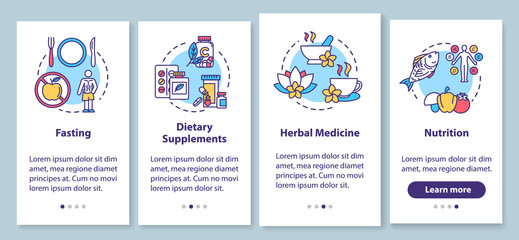 Diets and herbs onboarding mobile app page screen with concepts. Healthy nutrition and dietary supplements walkthrough four steps graphic instructions. UI vector template with RGB color illustrations