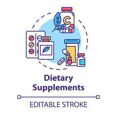 Dietary supplements concept icon. Alternative medicine idea thin line illustration. Concentrated nutrients and vitamins consumption. Vector isolated outline RGB color drawing. Editable stroke