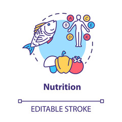 Nutrition concept icon. Healthy eating, balanced diet idea thin line illustration. Nutrient products, vitamins consumption. Vector isolated outline RGB color drawing. Editable stroke