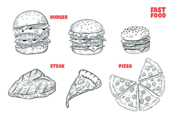 Hand drawn fast food, burger, steak and pizza.