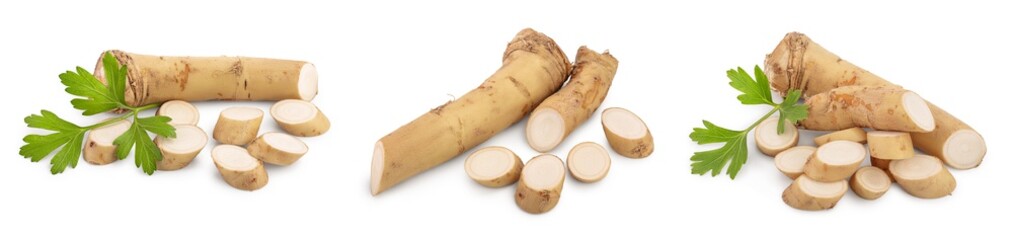 Horseradish root with slices and parsley isolated on white background