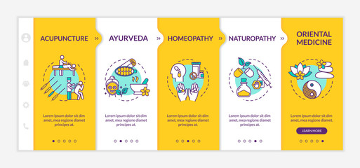 Traditional alternative medicine onboarding vector template. Complementary therapies, healing methods responsive mobile website with icons. Webpage walkthrough step screens. RGB color concept