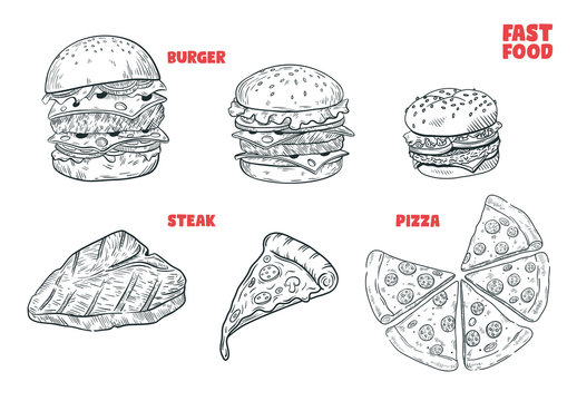 Hand drawn fast food, burger, steak and pizza.