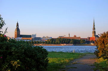 Fototapeta premium Beautiful aerial panorama view of Riga city skyline, Latvia