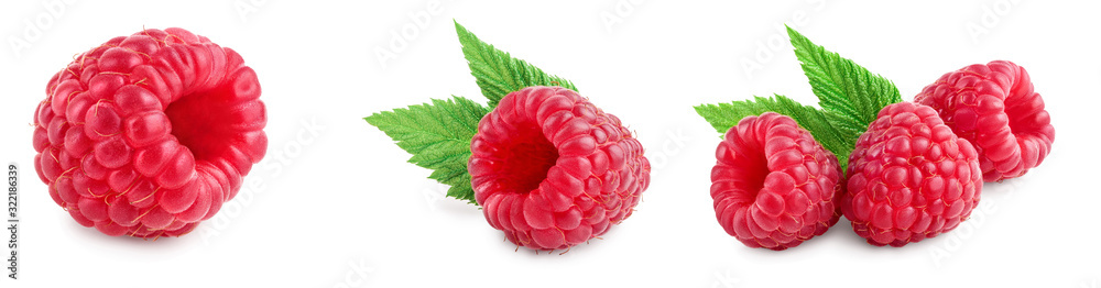 Wall mural ripe raspberries with leaf isolated on a white background, set or collection