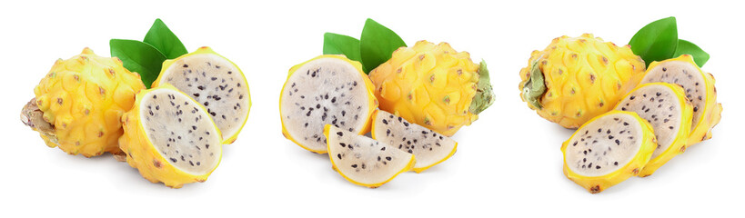 Ripe Dragon fruit, Pitaya or Pitahaya yellow isolated on white background, fruit healthy concept. Set or collection