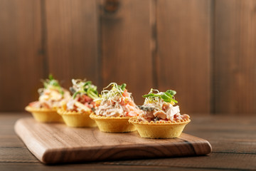 Tasty appetizers with meat and vegetables and microgreen. Concept of food, restaurant, catering