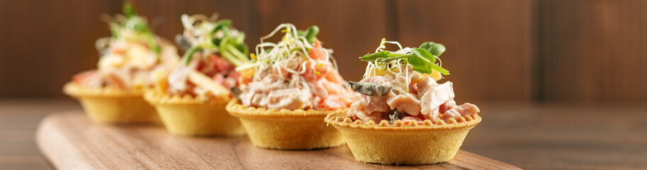 Tasty appetizers with meat and vegetables and microgreen. Concept of food, restaurant, catering
