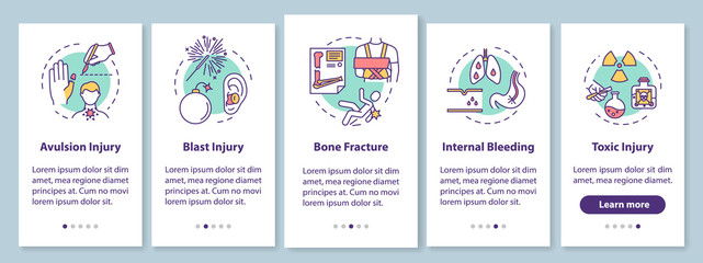 Injury types onboarding mobile app page screen with concepts. Avulsion and blast, fracture and intoxication walkthrough 5 steps graphic instructions. UI vector template with RGB color illustrations