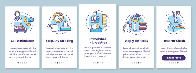 Naklejka premium First aid, injury treatment recommendations onboarding mobile app page screen with concepts. Therapy methods walkthrough 5 steps graphic instructions. UI vector template with RGB color illustrations