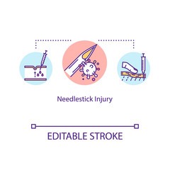 Needlestick injury, skin trauma concept icon. Hypodermic needle effect, mucous membrane contamination idea thin line illustration. Vector isolated outline RGB color drawing. Editable stroke
