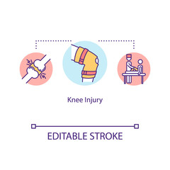 Knee injury, traumatism concept icon. Orthopedics, kneecap fracrure, meniscus removal, tendon sprain idea thin line illustration. Vector isolated outline RGB color drawing. Editable stroke