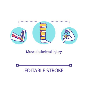 Musculoskeletal Injury Concept Icon. Muscular And Skeletal Systems Damage, Tendon Sprain And Bone Fracture Idea Thin Line Illustration. Vector Isolated Outline RGB Color Drawing. Editable Stroke