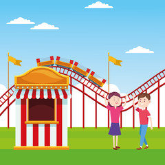 cartoon happy couple in the fair next to ticket booth over roller coaster and landscape background