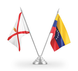 Venezuela and Jersey table flags isolated on white 3D rendering