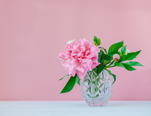 Pink peonies in a crystal vase on a pink wood background.