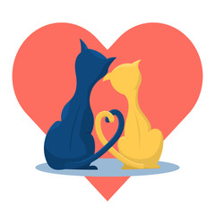 A couple of cute cats in love on the background of the heart. Flat vector illustration in trendy colors