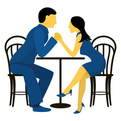 A couple of cute lovers at a table in a cafe. Flat vector illustration in trendy colors