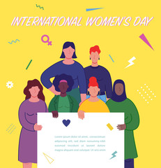 Fototapeta na wymiar International women's day. Women of different cultures and nationalities fight for freedom and equality. Women's day concept. Vector