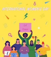 Fototapeta premium International women's day. Women of different cultures and nationalities fight for freedom and equality. Women's day concept. Vector