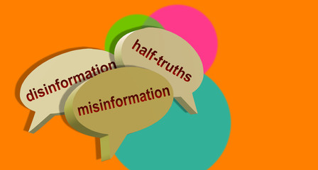 Three speech bubbles. Disinformation, half-truths and misinformation in dialog balloons. 3d illustration combining light tones and orange background with abstract effect, creating a strong contrast.