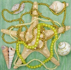 starfish, shells and beads on a green background