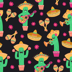 Seamless pattern with cute mexican cactus playing on guitar and trumpet and dancing with maracas. Vector illustration