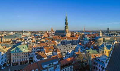 Fototapeta premium Beautiful aerial panorama view of Riga city skyline, Latvia