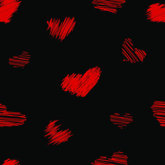 Red hearts on a black background. Seamless pattern