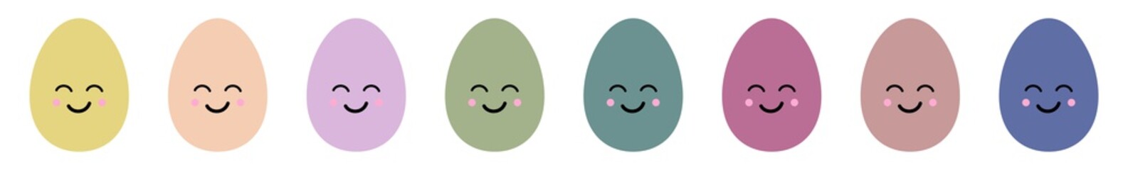 Obraz premium Easter Egg Cute Face Icon Pastel Color | Painted Smiling Eggs Illustration | Happy Easter Hunt Symbol | Holiday Logo | April Spring Sign | Isolated | Variations