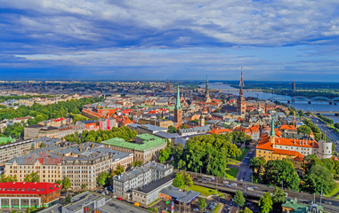 Obraz premium Beautiful aerial panorama view of Riga city skyline, Latvia