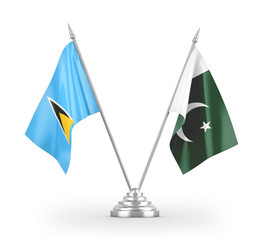 Pakistan and Saint Lucia table flags isolated on white 3D rendering