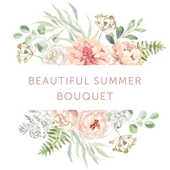 Delicate bouquet of blush pink dahlia, rose, peony  flowers, forest green leaves, white background. Wedding invitation frame. Vector illustration. Floral arrangement. Design template greeting card © ojardin