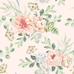 Pink dahlia, rose, peony flowers with green leaves bouquets, blush background. Floral illustration. Vector seamless pattern. Botanical design. Nature summer plants. Romantic wedding © ojardin