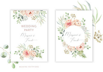 Wedding cards design. Blush pink peony, rose, dahlia flowers, green leaves bouquets, frames. Vector illustration. Romantic floral arrangements. Invitation template background - obrazy, fototapety, plakaty