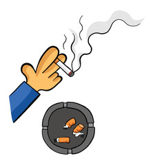 Man smoking cigarette with ashtray and cigarette butts vector illustration.