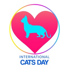 Love cats domestic pets symbol with cat sihouette in pink heart shape vector illustration. Breed cats logo for pets show or clinics vet care, domestic animals food.