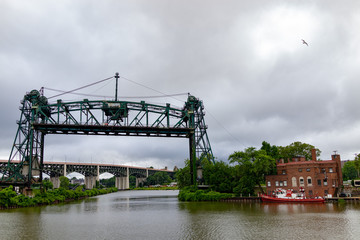 A steel train drawbridge over the Cuyahoga river in Cleveland, Ohio