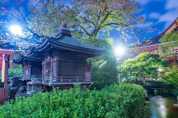 Japan. Asakusa Temple in Tokyo. Buildings in the Asakusa area. Pond in a japanese park. Landscape of the night city in Japan. Territory of the Buddhist temple in Tokyo. Temple of the Three Deities