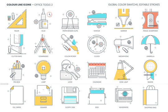 Office tools related, color line, vector icon, illustration set