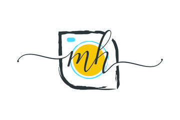 M H Initial handwriting logo design with a brush, Photography logo concept.