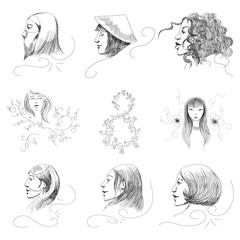 Vector set of hand drawn illustration of women's