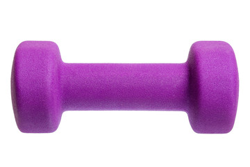 violet dumbbell with a soft covering Isolated on white background, unlable object front view.